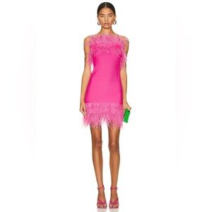 NWT Staud Etta Mini Dress Pink Size XS Ostrich Feather-Trim Stretch-Knit
